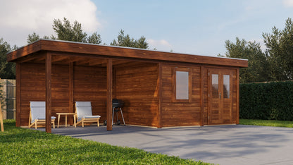 Lugarde Select Modern summerhouse 28mm with veranda Exeter 388x300cm + 400cm - Brown Wood Oil