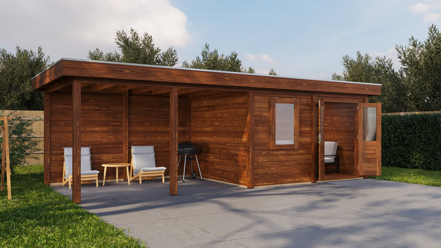 Lugarde Select Modern summerhouse 28mm with veranda Exeter 388x300cm + 400cm - Brown Wood Oil