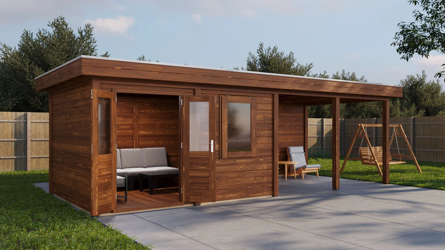 Lugarde Select Modern summerhouse 28mm with veranda Exeter 388x300cm + 400cm - Brown Wood Oil