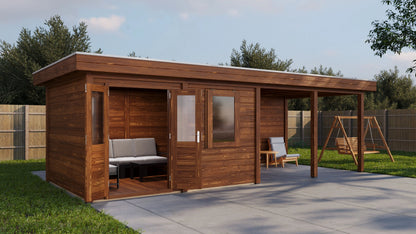 Lugarde Select Modern summerhouse 28mm with veranda Exeter 388x300cm + 400cm - Brown Wood Oil