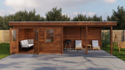 Lugarde Select Modern summerhouse 28mm with veranda Exeter 388x300cm + 400cm - Brown Wood Oil