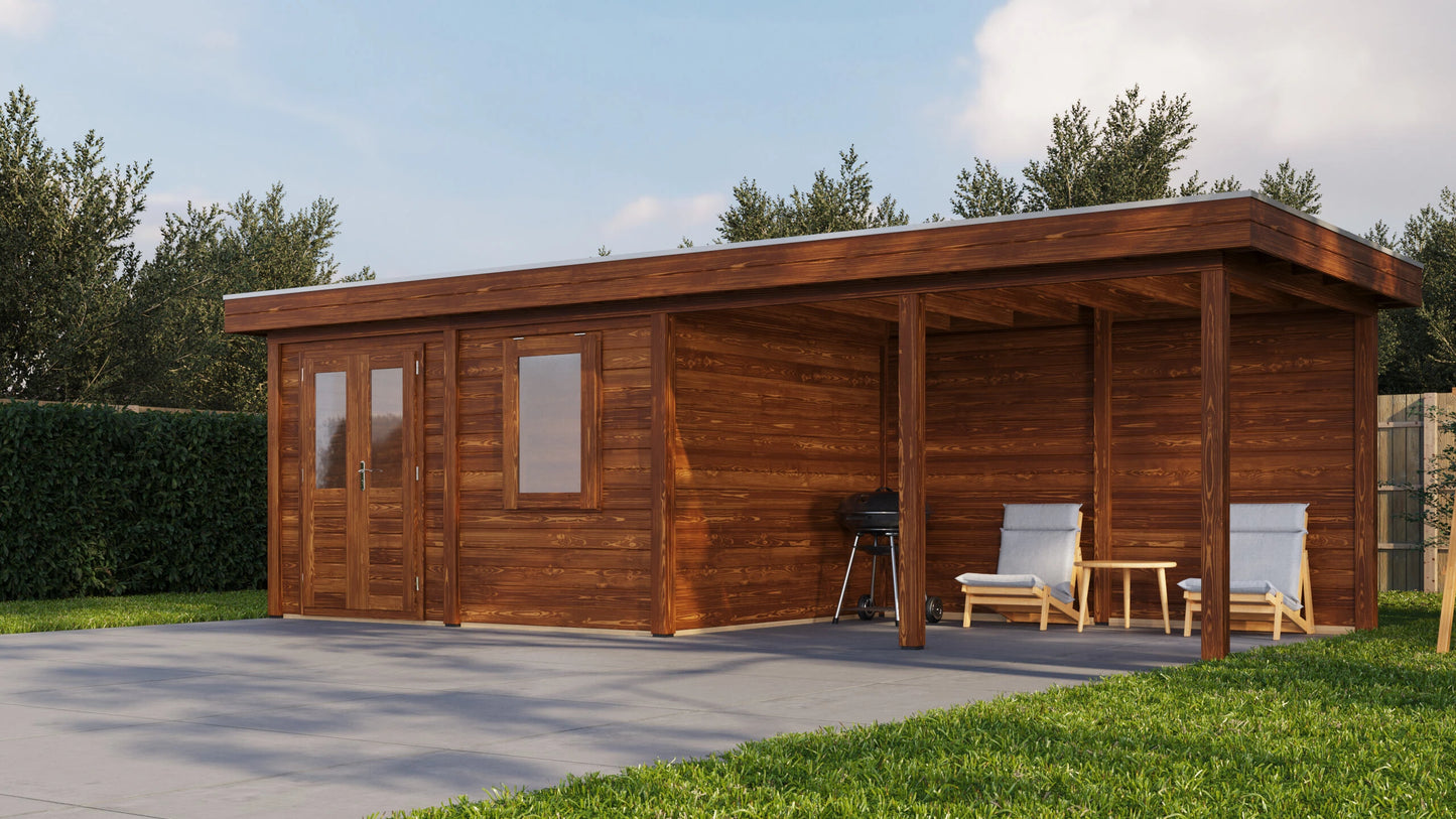 Lugarde Select Modern summerhouse 28mm with veranda Exeter 388x300cm + 400cm - Brown Wood Oil