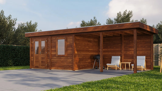 Lugarde Select Modern summerhouse 28mm with veranda Exeter 388x300cm + 400cm - Brown Wood Oil