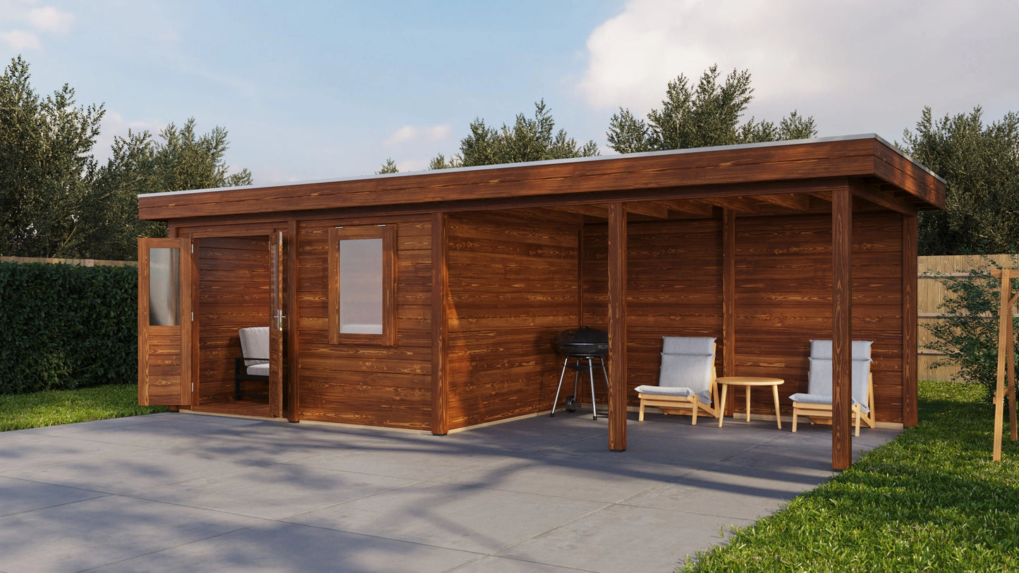 Lugarde Select Modern summerhouse 28mm with veranda Exeter 388x300cm + 400cm - Brown Wood Oil