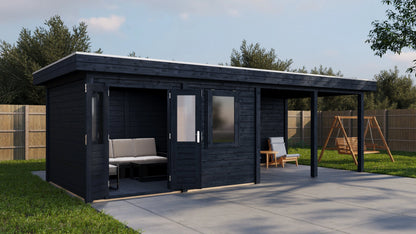 Lugarde Select Modern summerhouse 28mm with veranda Exeter 388x300cm + 400cm - Black Wood Oil