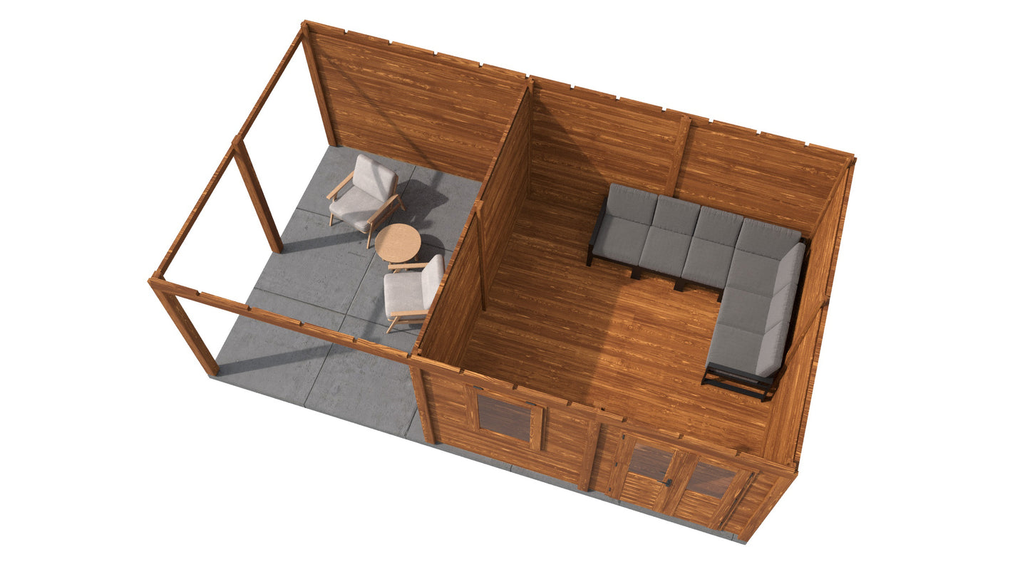 Lugarde Select Modern summerhouse 28mm with veranda Norwich 388x388cm + 300cm - Brown Wood Oil