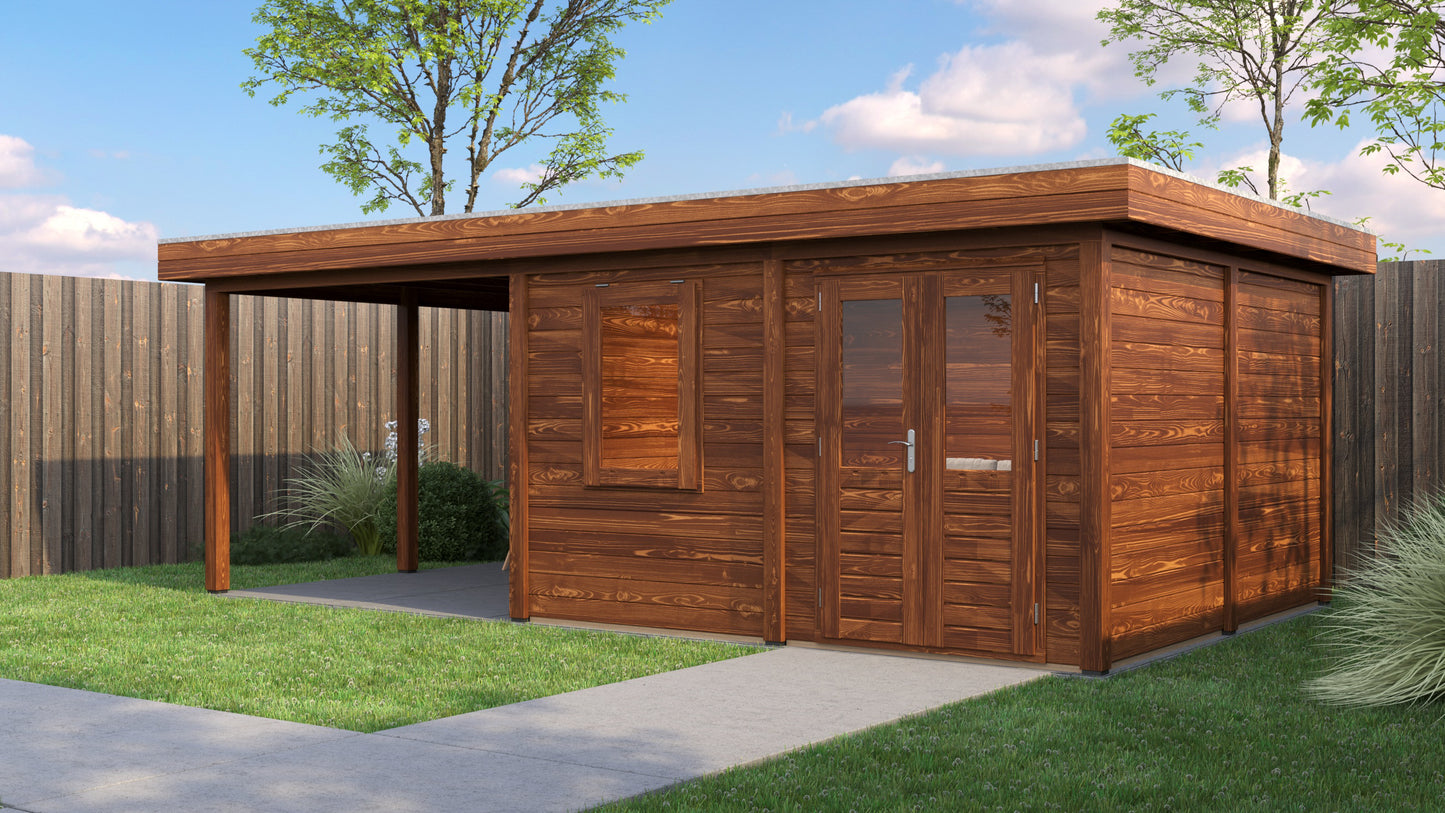 Lugarde Select Modern summerhouse 28mm with veranda Norwich 388x388cm + 300cm - Brown Wood Oil