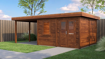Lugarde Select Modern summerhouse 28mm with veranda Norwich 388x388cm + 300cm - Brown Wood Oil