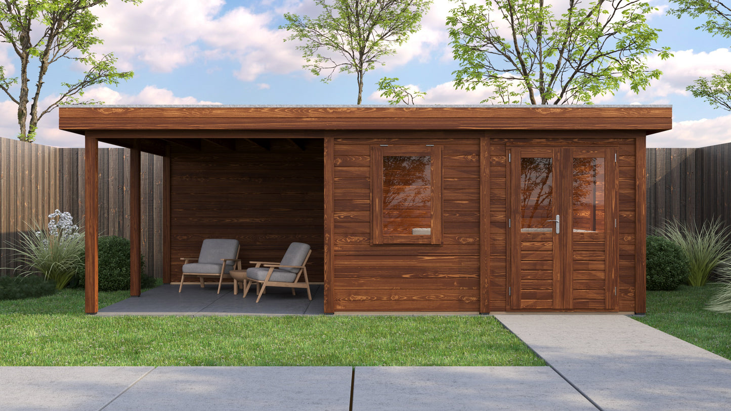 Lugarde Select Modern summerhouse 28mm with veranda Norwich 388x388cm + 300cm - Brown Wood Oil