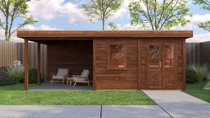 Lugarde Select Modern summerhouse 28mm with veranda Norwich 388x388cm + 300cm - Brown Wood Oil