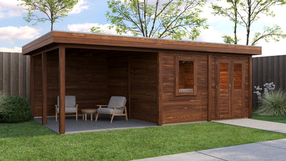 Lugarde Select Modern summerhouse 28mm with veranda Norwich 388x388cm + 300cm - Brown Wood Oil