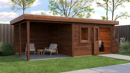 Lugarde Select Modern summerhouse 28mm with veranda Norwich 388x388cm + 300cm - Brown Wood Oil