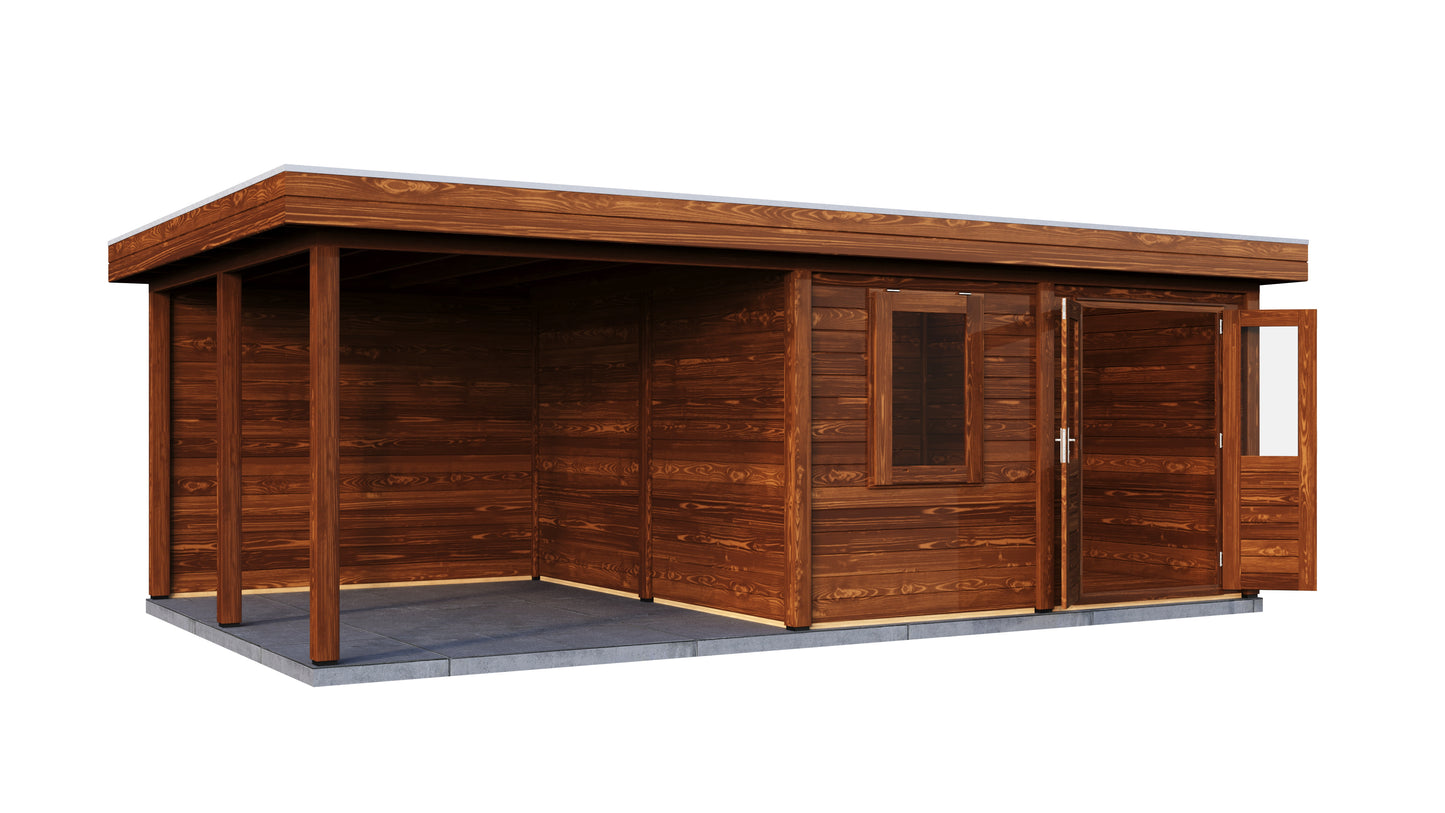 Lugarde Select Modern summerhouse 28mm with veranda Norwich 388x388cm + 300cm - Brown Wood Oil