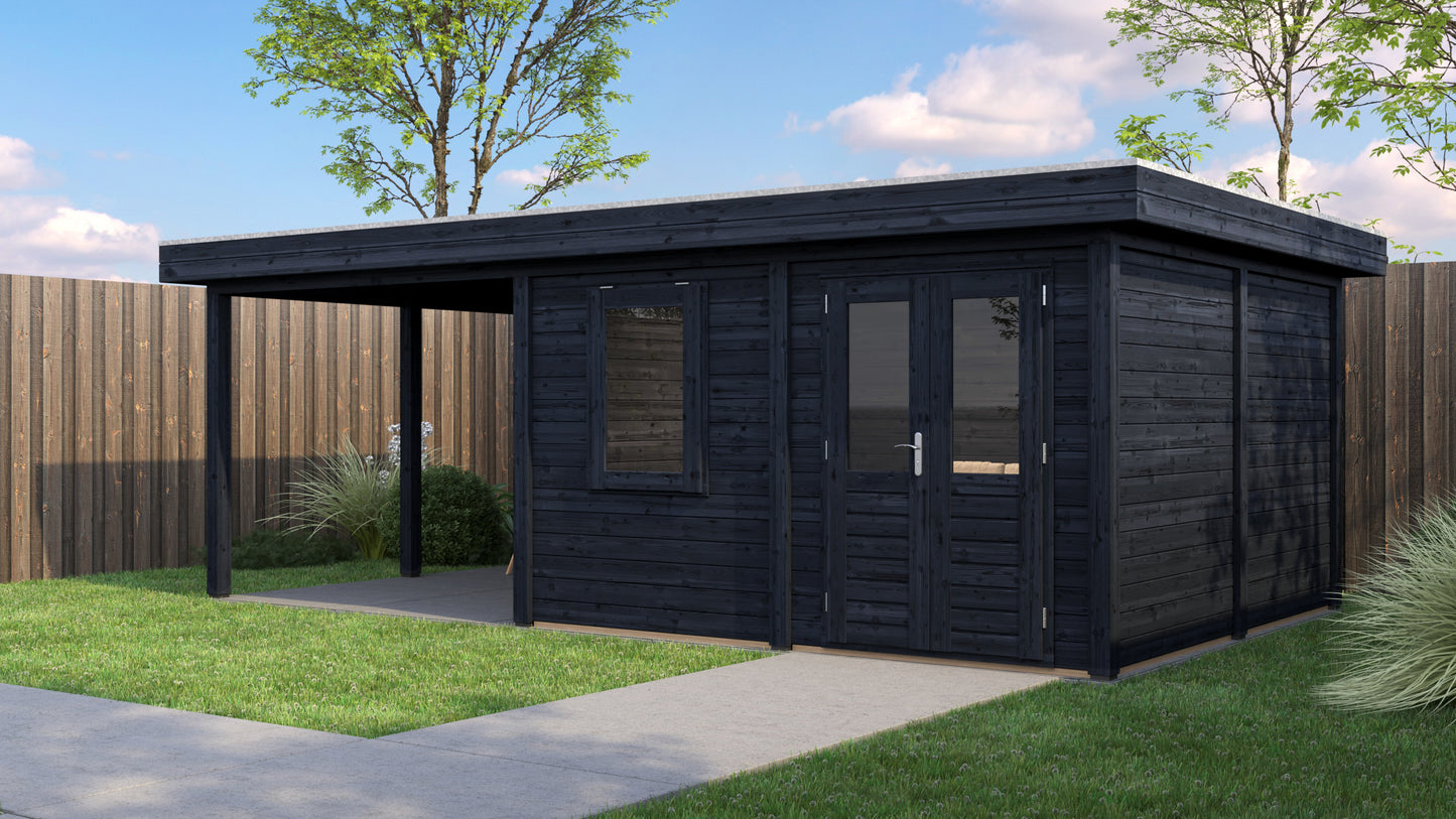 Lugarde Select Modern summerhouse 28mm with veranda Norwich 388x388cm + 300cm - Black Wood Oil