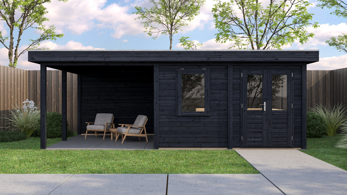 Lugarde Select Modern summerhouse 28mm with veranda Norwich 388x388cm + 300cm - Black Wood Oil