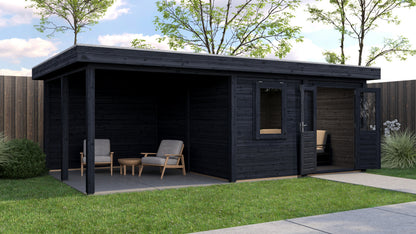 Lugarde Select Modern summerhouse 28mm with veranda Norwich 388x388cm + 300cm - Black Wood Oil