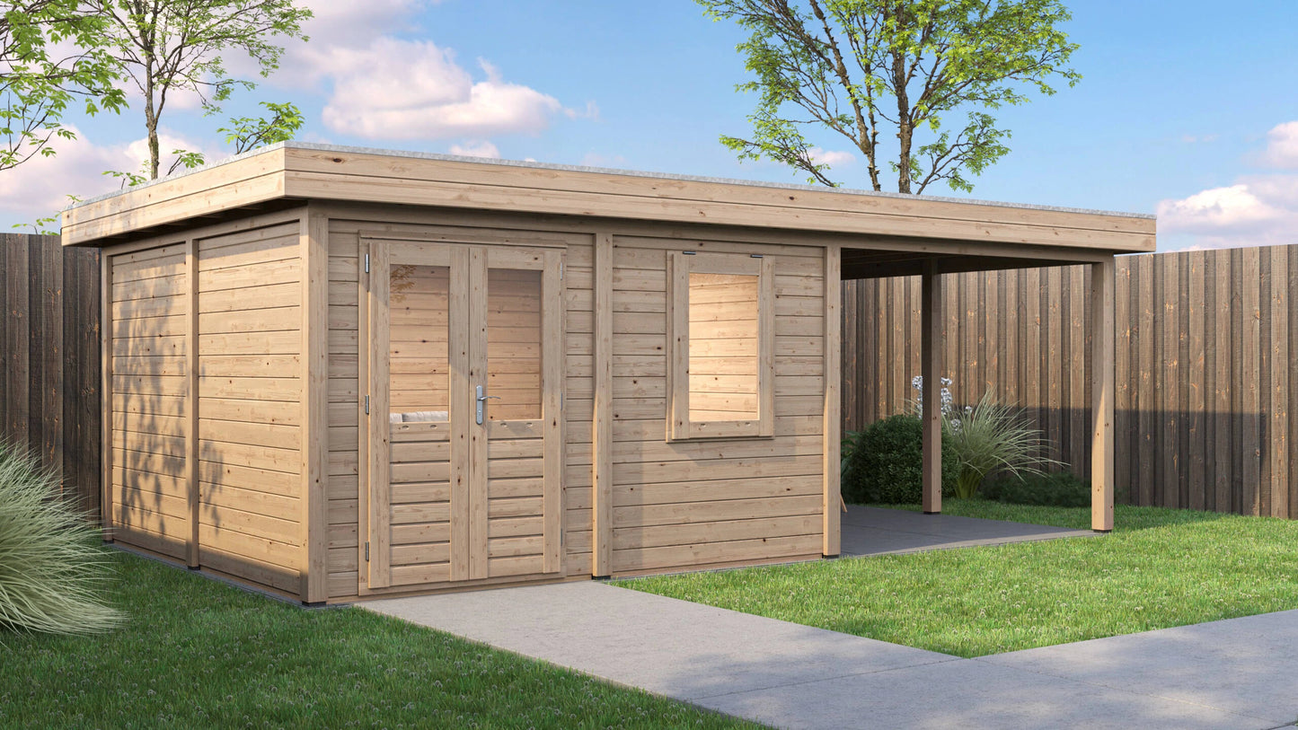 Lugarde Select Modern summerhouse 28mm with veranda Norwich 388x388cm + 300cm - Untreated