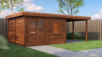 Lugarde Select Modern summerhouse 28mm with veranda Norwich 388x388cm + 300cm - Brown Wood Oil