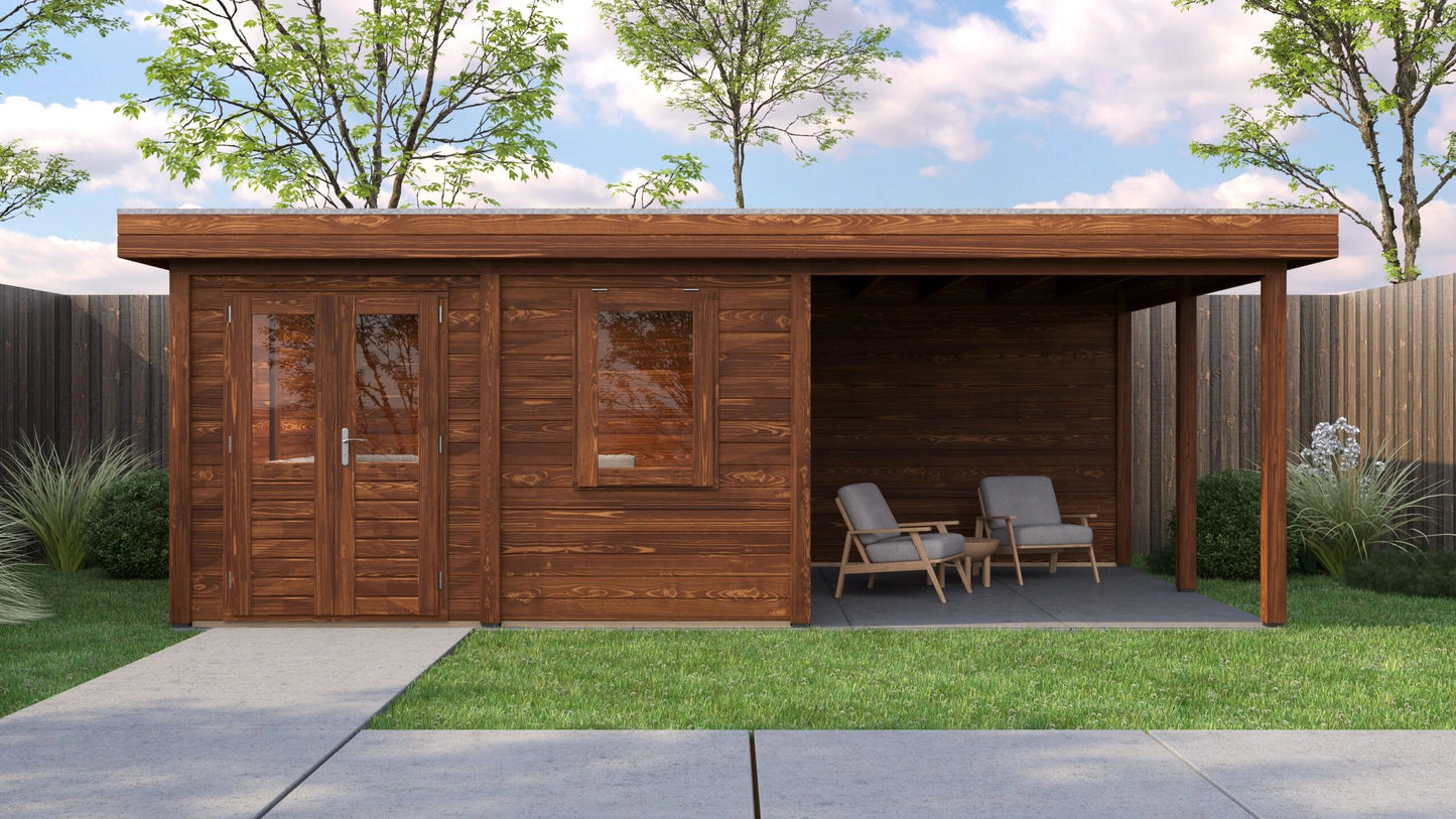 Lugarde Select Modern summerhouse 28mm with veranda Norwich 388x388cm + 300cm - Brown Wood Oil