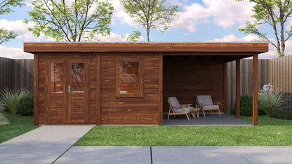 Lugarde Select Modern summerhouse 28mm with veranda Norwich 388x388cm + 300cm - Brown Wood Oil