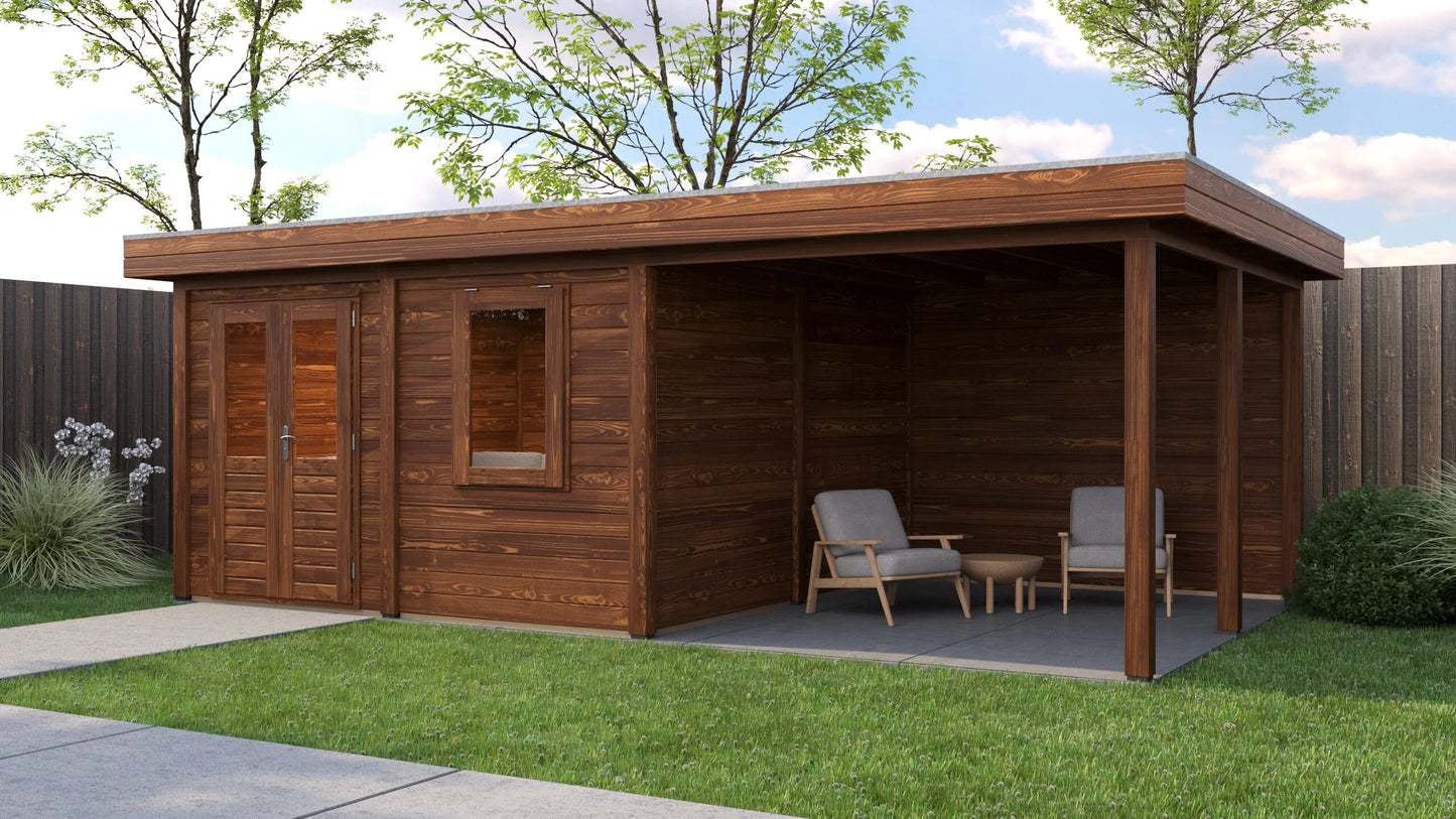 Lugarde Select Modern summerhouse 28mm with veranda Norwich 388x388cm + 300cm - Brown Wood Oil