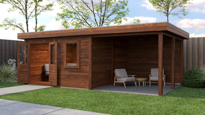 Lugarde Select Modern summerhouse 28mm with veranda Norwich 388x388cm + 300cm - Brown Wood Oil