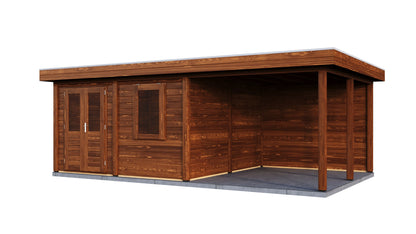 Lugarde Select Modern summerhouse 28mm with veranda Norwich 388x388cm + 300cm - Brown Wood Oil