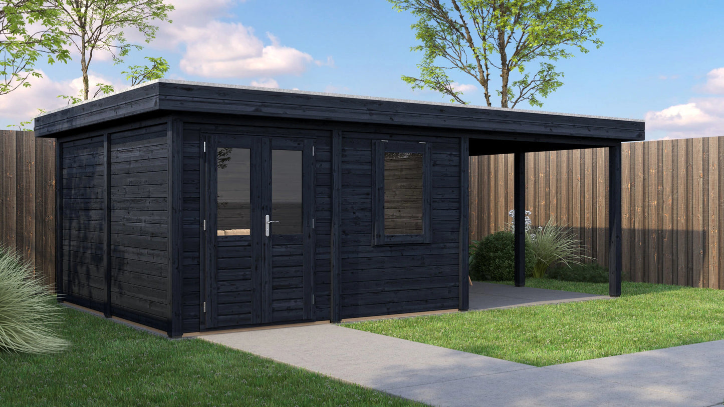 Lugarde Select Modern summerhouse 28mm with veranda Norwich 388x388cm + 300cm - Black Wood Oil