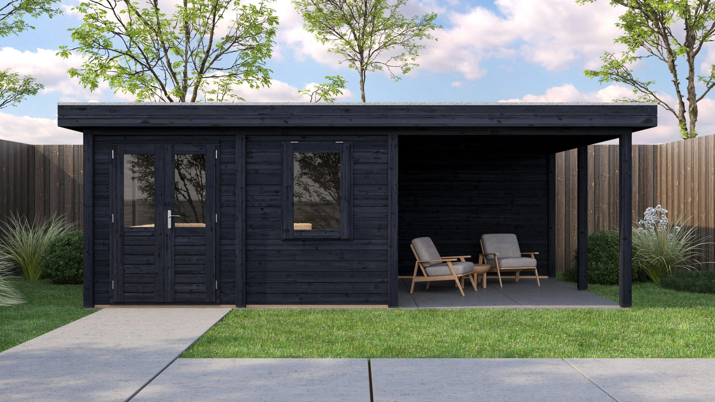 Lugarde Select Modern summerhouse 28mm with veranda Norwich 388x388cm + 300cm - Black Wood Oil