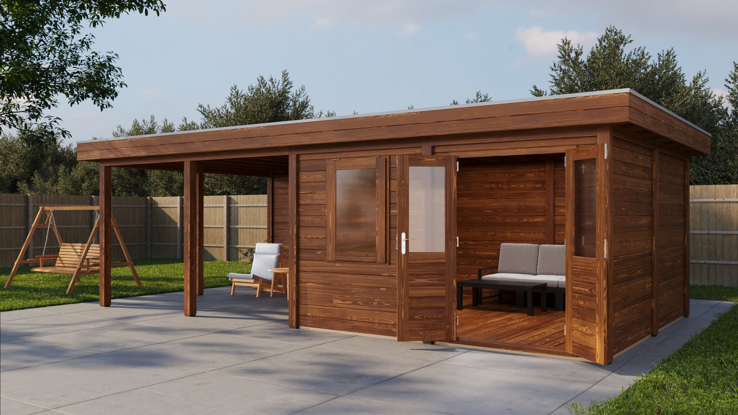 Lugarde Select Modern summerhouse 28mm with veranda Leeds 388x388cm + 400cm - Brown Wood Oil