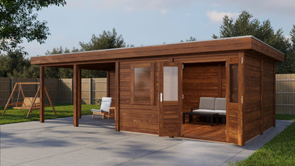 Lugarde Select Modern summerhouse 28mm with veranda Leeds 388x388cm + 400cm - Brown Wood Oil