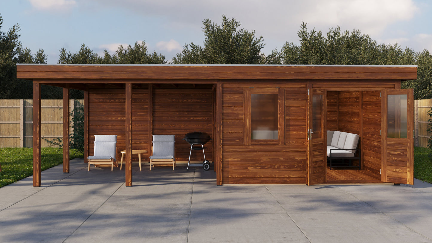 Lugarde Select Modern summerhouse 28mm with veranda Leeds 388x388cm + 400cm - Brown Wood Oil