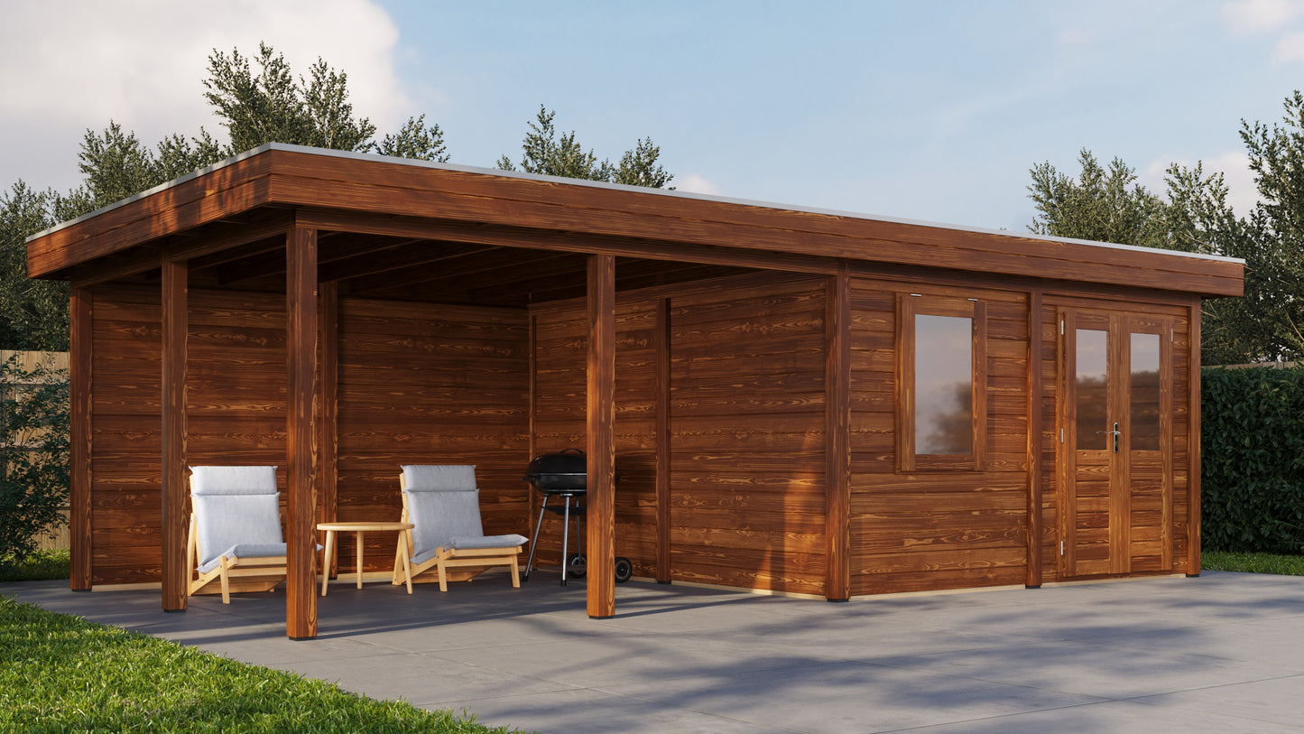 Lugarde Select Modern summerhouse 28mm with veranda Leeds 388x388cm + 400cm - Brown Wood Oil