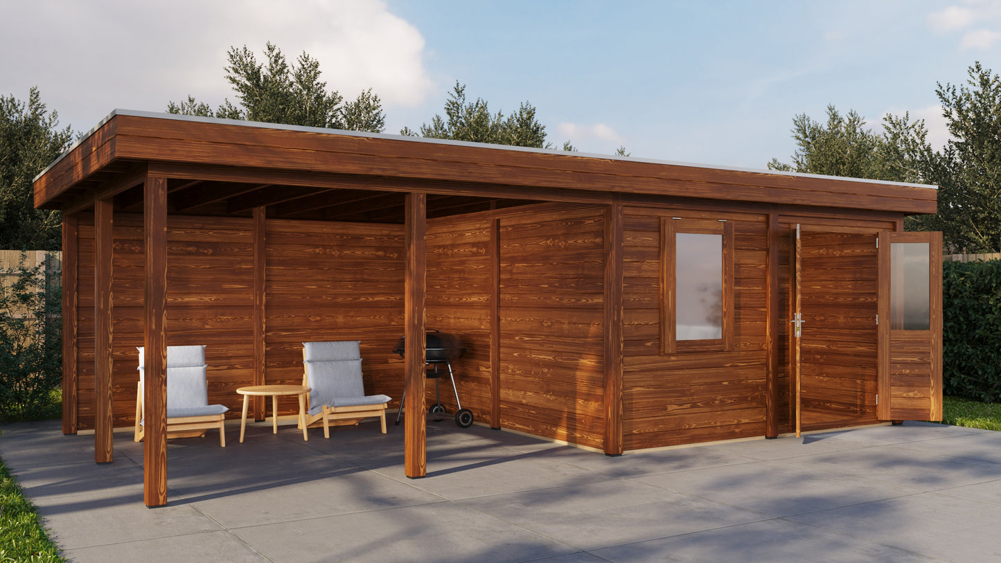 Lugarde Select Modern summerhouse 28mm with veranda Leeds 388x388cm + 400cm - Brown Wood Oil
