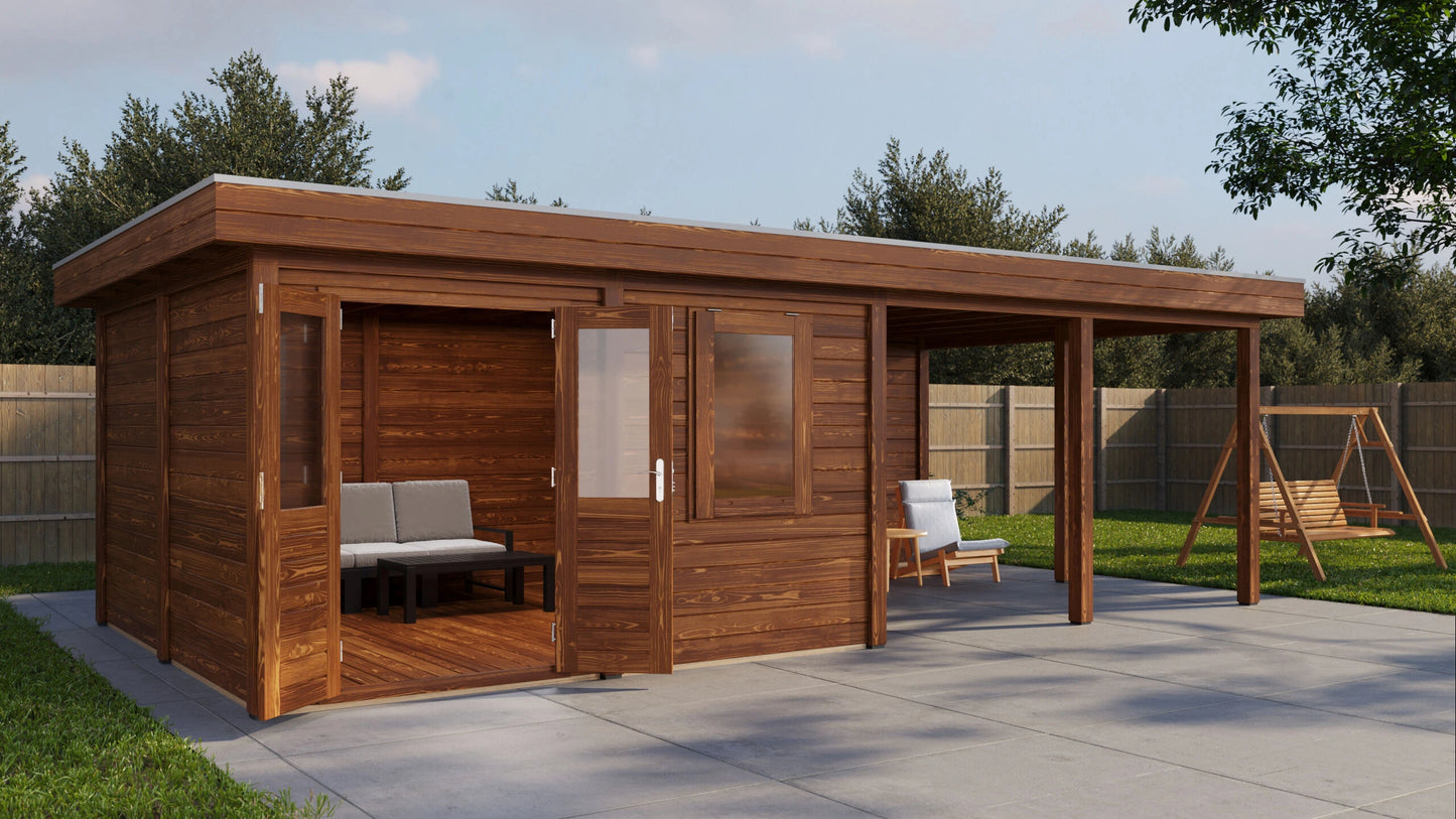 Lugarde Select Modern summerhouse 28mm with veranda Leeds 388x388cm + 400cm - Brown Wood Oil