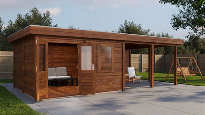 Lugarde Select Modern summerhouse 28mm with veranda Leeds 388x388cm + 400cm - Brown Wood Oil