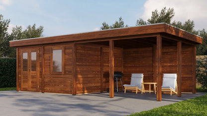 Lugarde Select Modern summerhouse 28mm with veranda Leeds 388x388cm + 400cm - Brown Wood Oil