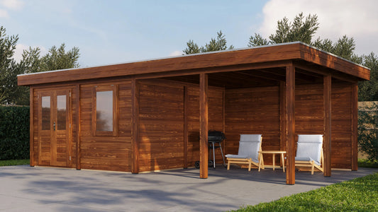 Lugarde Select Modern summerhouse 28mm with veranda Leeds 388x388cm + 400cm - Brown Wood Oil