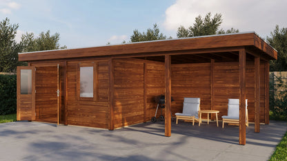 Lugarde Select Modern summerhouse 28mm with veranda Leeds 388x388cm + 400cm - Brown Wood Oil