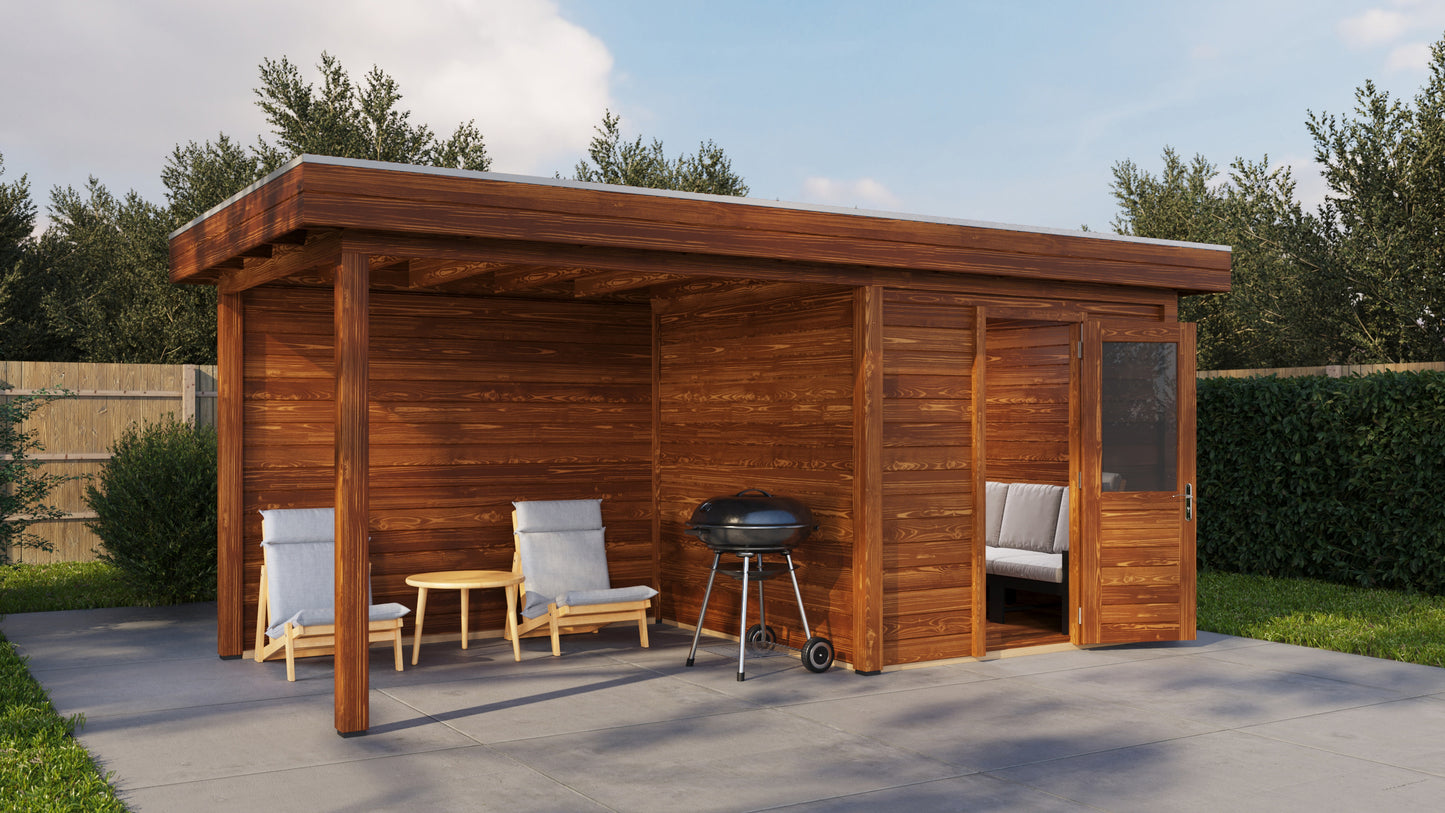 Lugarde Select Modern summerhouse 28mm with veranda Birmingham 250x250cm + 300cm - Brown Wood Oil
