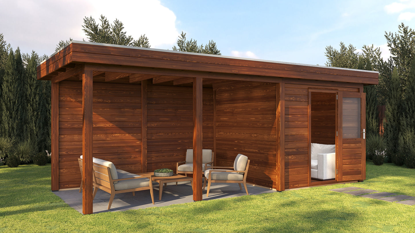 Lugarde Select Modern summerhouse 28mm with veranda Coventry 250x250cm + 400cm - Brown Wood Oil