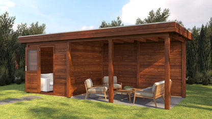 Lugarde Select Modern summerhouse 28mm with veranda Coventry 250x250cm + 400cm - Brown Wood Oil