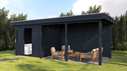 Lugarde Select Modern summerhouse 28mm with veranda Coventry 250x250cm + 400cm - Black Wood Oil