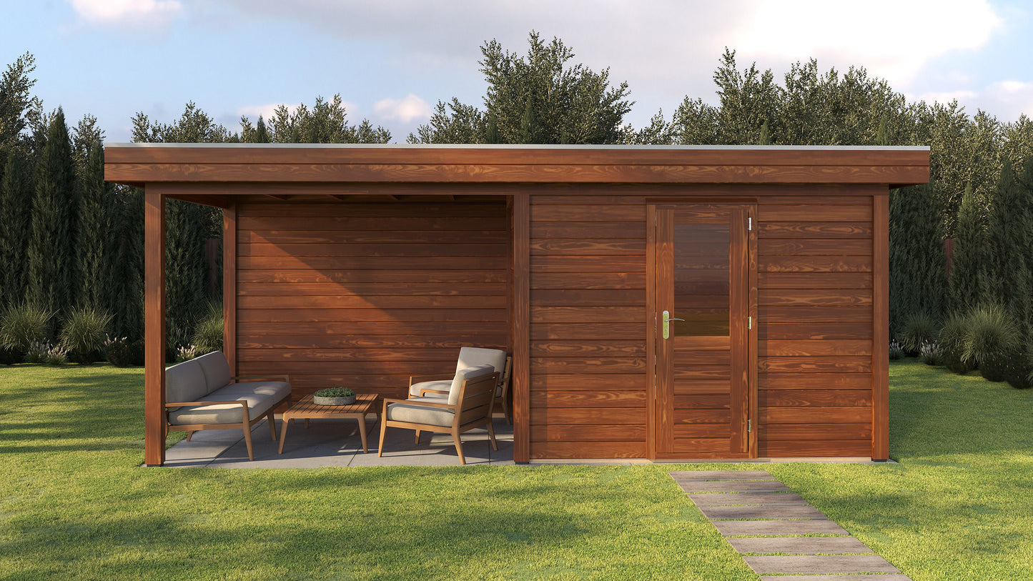 Lugarde Select Modern summerhouse 28mm with veranda Gloucester 300x250cm + 300cm - Brown Wood Oil