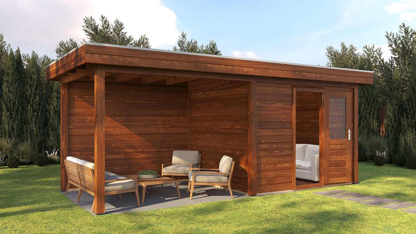Lugarde Select Modern summerhouse 28mm with veranda Gloucester 300x250cm + 300cm - Brown Wood Oil