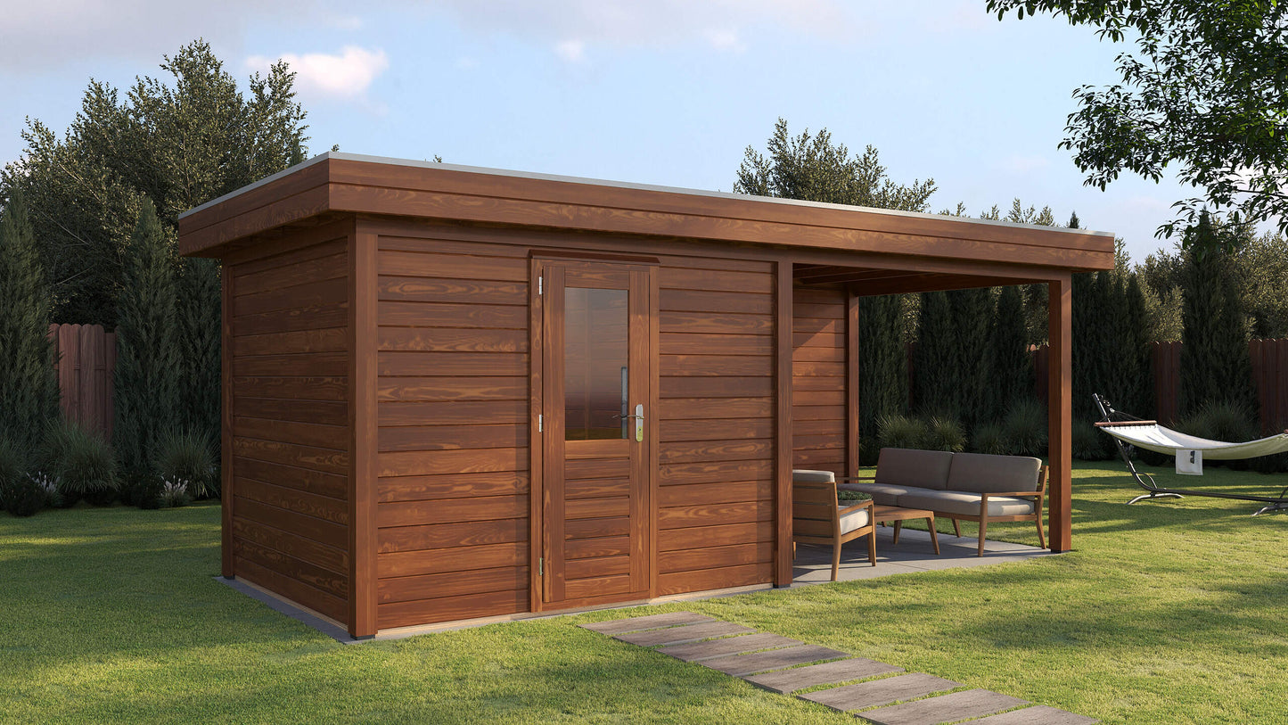 Lugarde Select Modern summerhouse 28mm with veranda Gloucester 300x250cm + 300cm - Brown Wood Oil