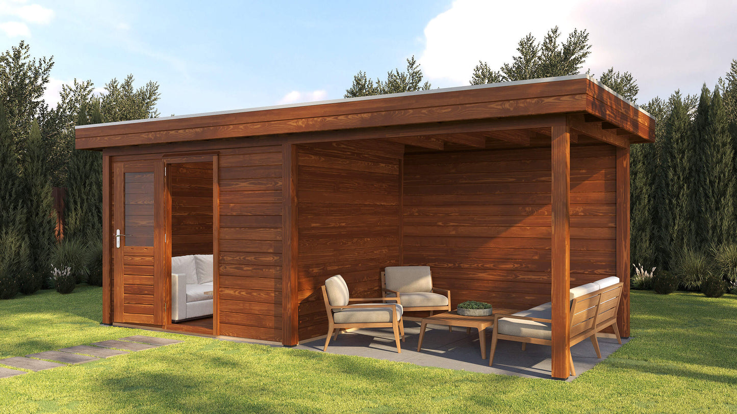 Lugarde Select Modern summerhouse 28mm with veranda Gloucester 300x250cm + 300cm - Brown Wood Oil