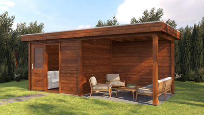 Lugarde Select Modern summerhouse 28mm with veranda Gloucester 300x250cm + 300cm - Brown Wood Oil