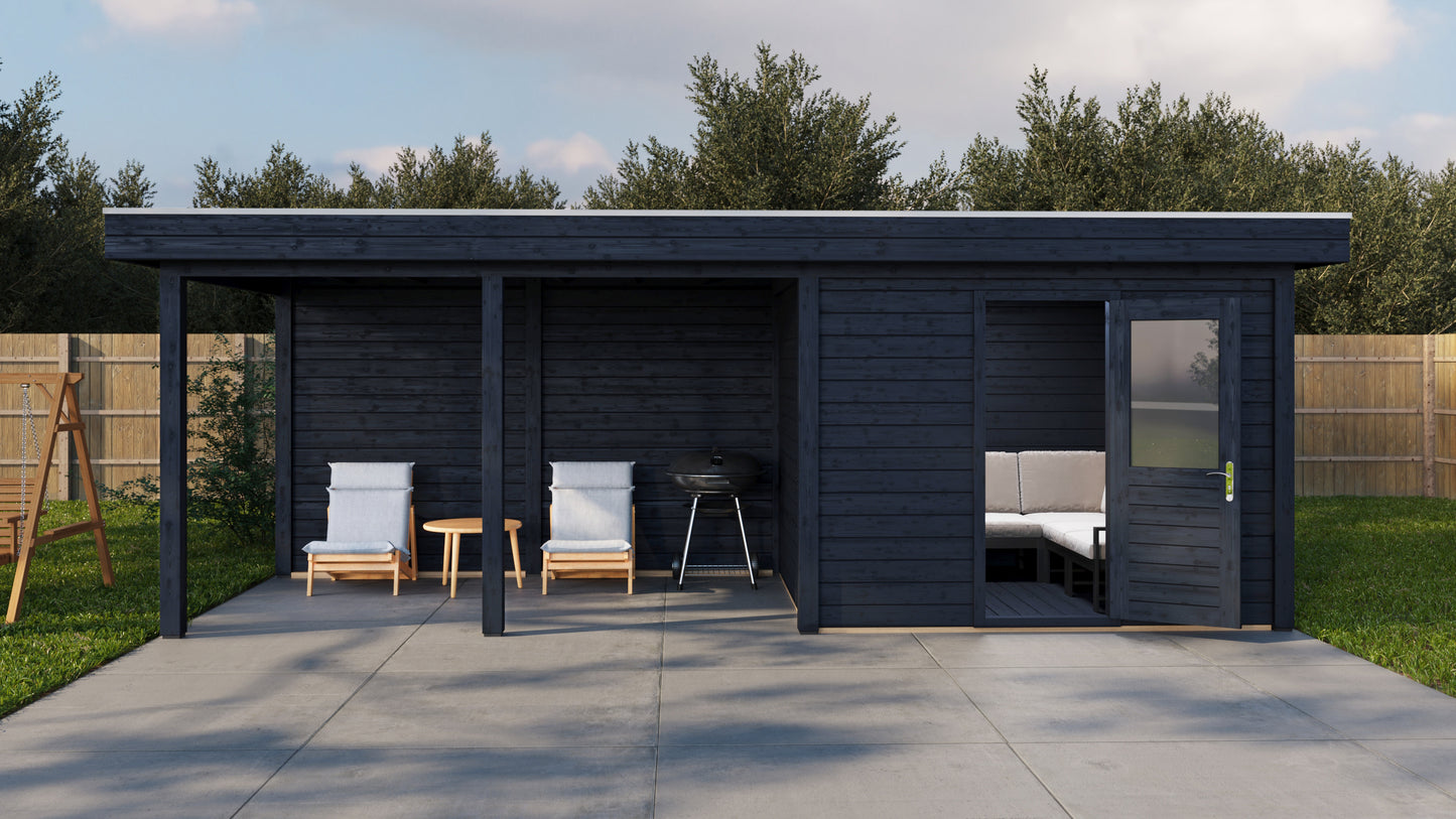 Lugarde Select Modern summerhouse 28mm with veranda Edinburgh 300x250cm + 400cm - Black Wood Oil
