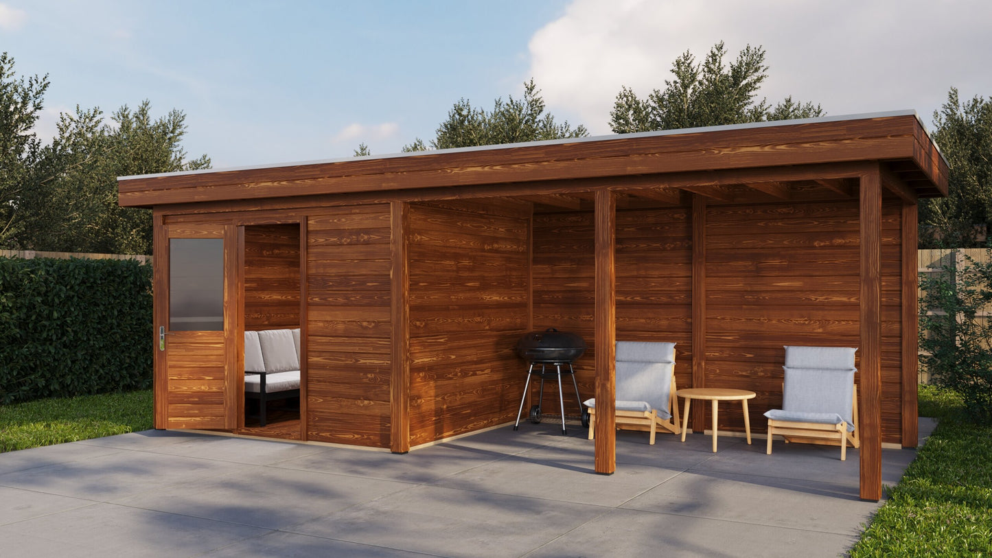 Lugarde Select Modern summerhouse 28mm with veranda Edinburgh 300x250cm + 400cm - Brown Wood Oil